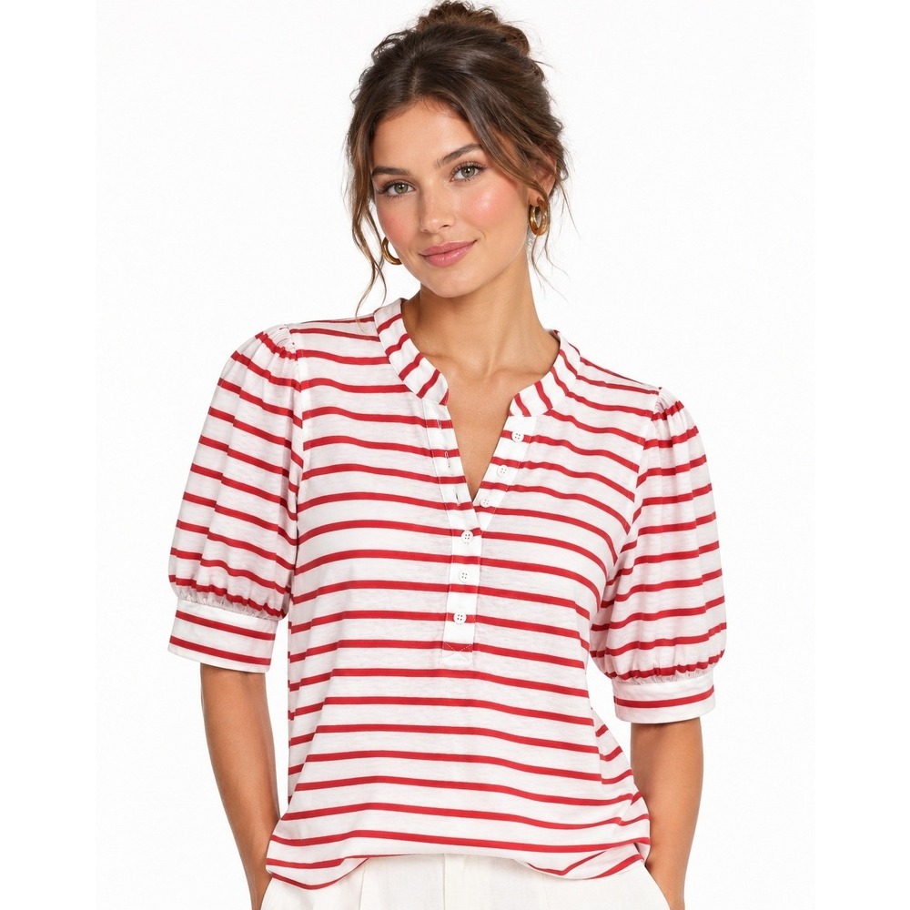Rails Jewel Short Sleeve Knit Top Scarlet Ivory Stripe Henley Red White Large